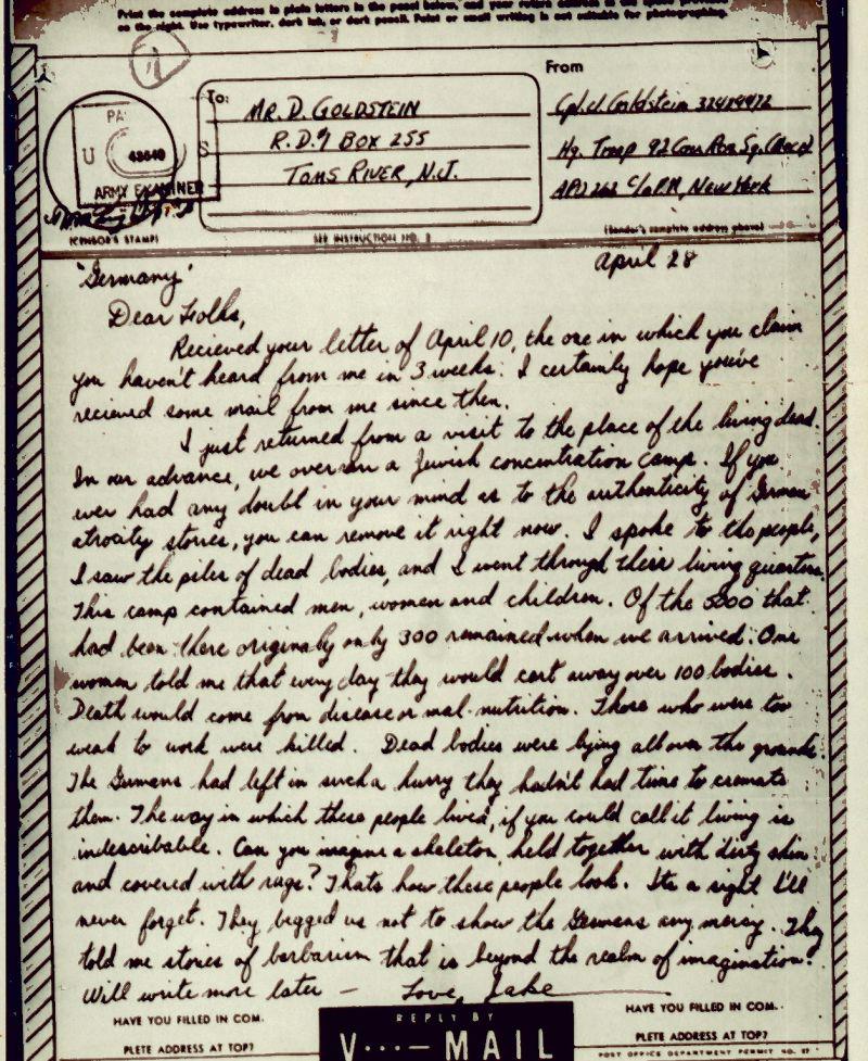 Letter by American GI Jake Goldstein dated 28 April 1945